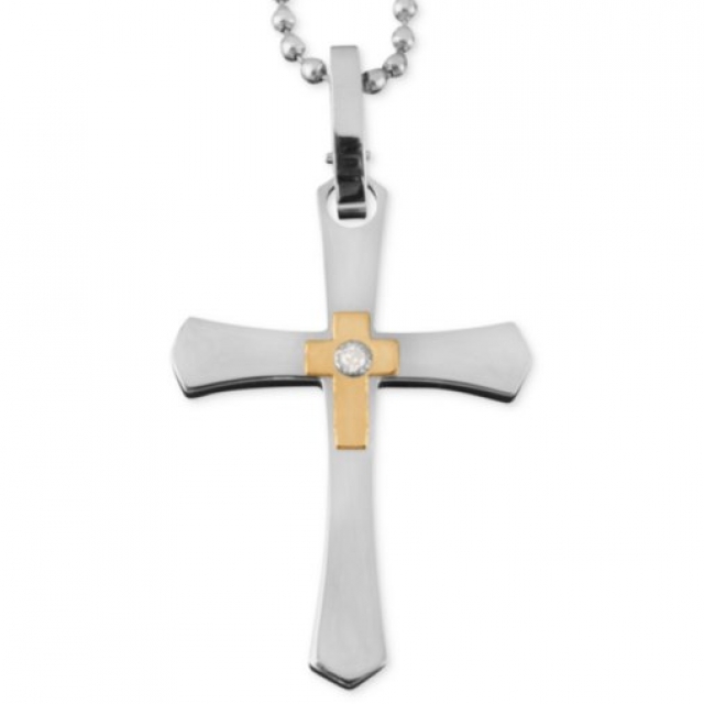 Men's 14K Gold And Stainless Steel Cross Pendant, Diamond Accent 