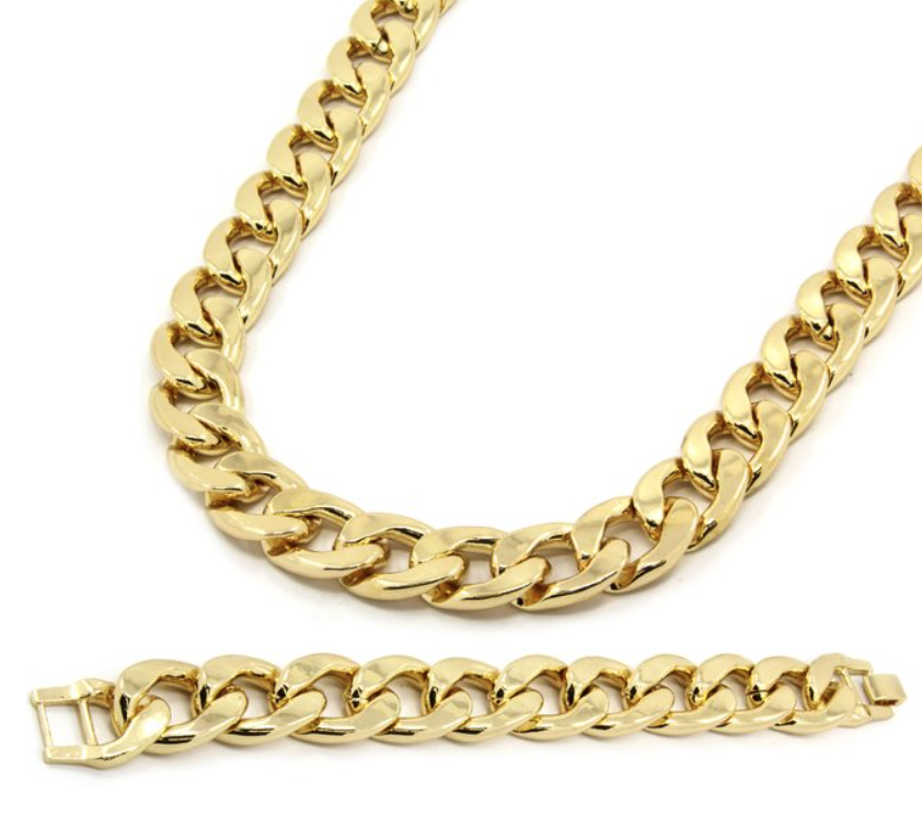 Mens Gold Plated Cuban Hip Hop Miami Necklace Chain & Bracelet 16mm 30 Inch