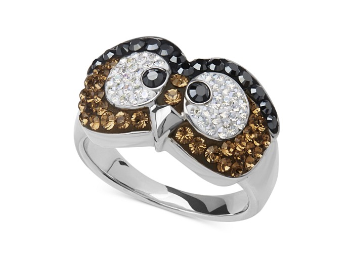 Kaleidoscope Brown Swarovski Crystal Owl Ring in Sterling Silver