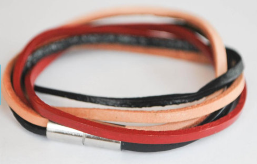 Light Brown Red and Black doublewrapped Magnetic leather bracelet