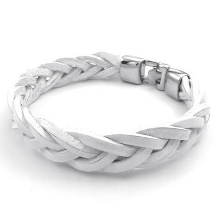 KONOV Jewelry Mens Womens Leather Stainless Steel Bracelet, Braided Cuff Bangle, White