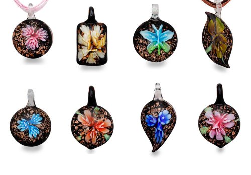 Bundle Monster Colorful Assorted Glass Murano Floral Pendant Necklace 8pc Set, 18