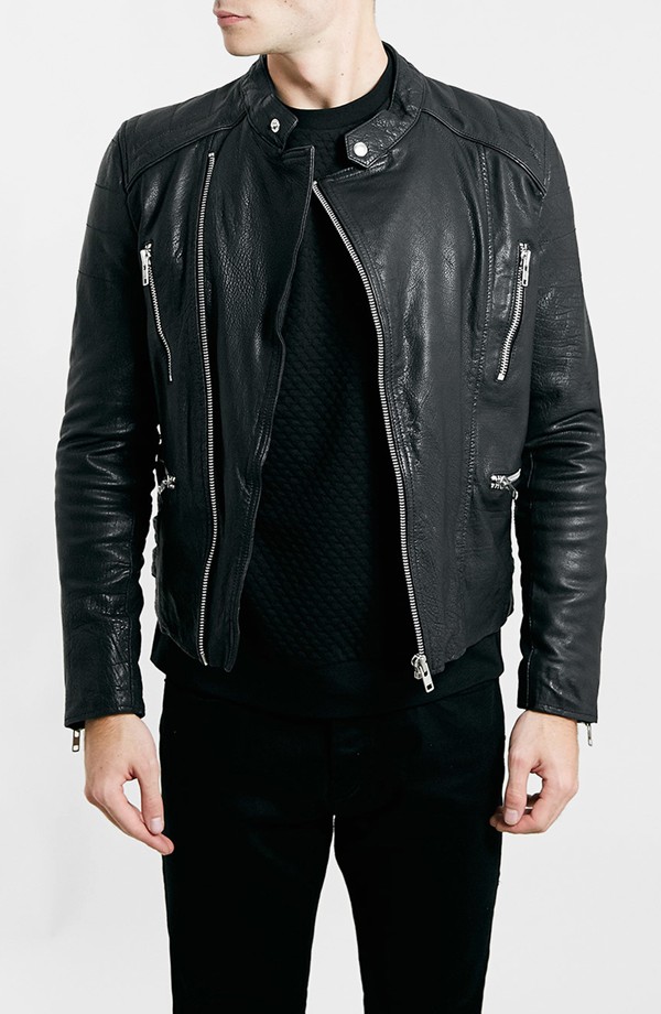 Topman Quilt Lined Black Leather Biker Jacket