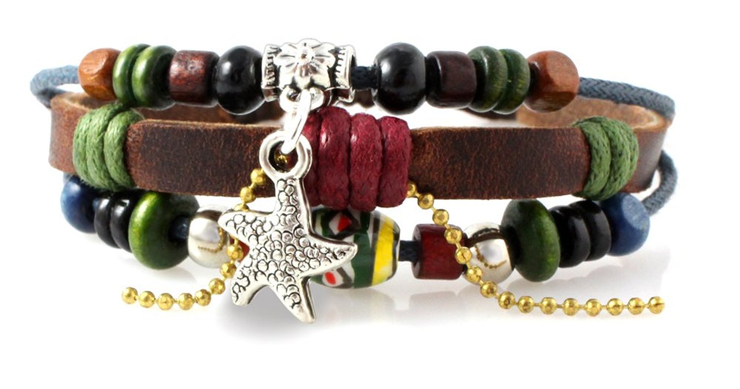 Starfish Beaded Leather Zen Bracelet, Adjustable Drawstring, in Gift Box