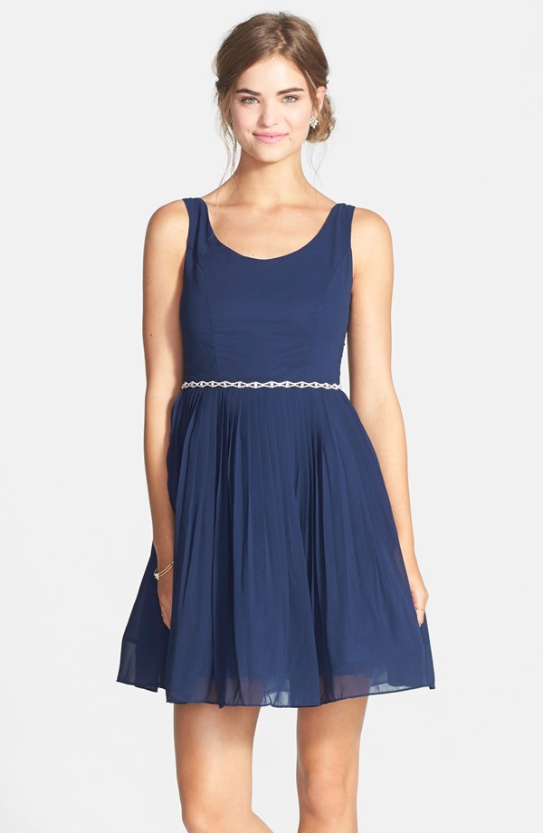 A. Drea Embellished Waist Pleated Fit & Flare Dress (Juniors) 