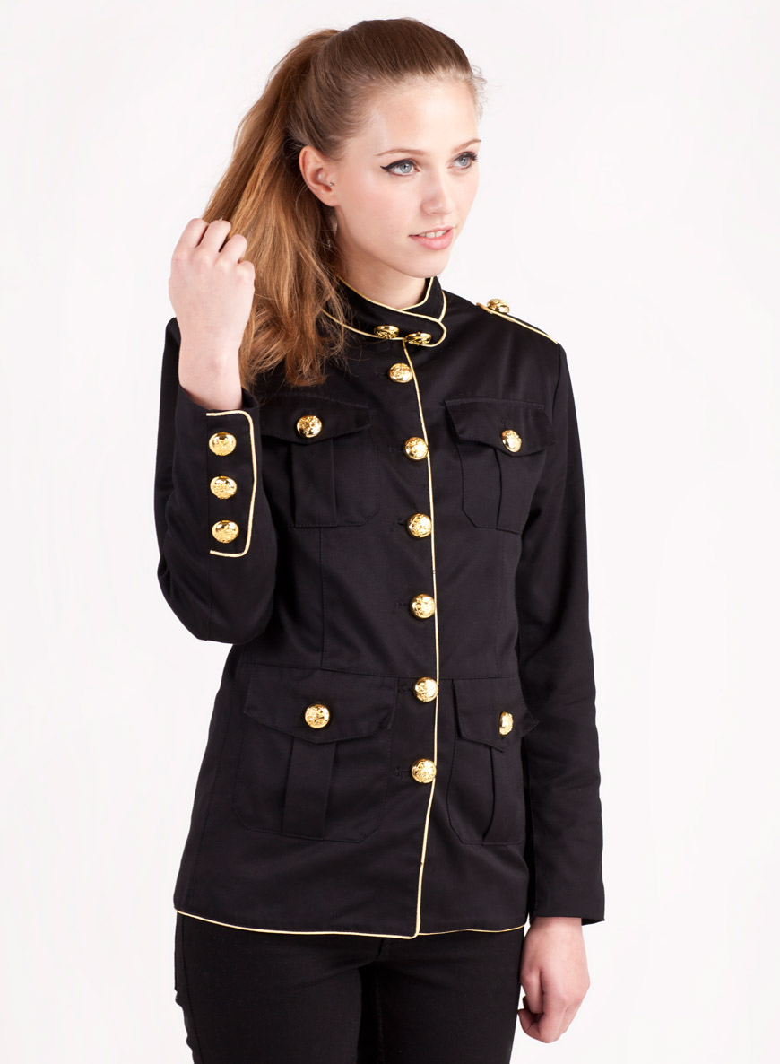 Women's Black Military Gold Piping Jacket With Gold Buttons