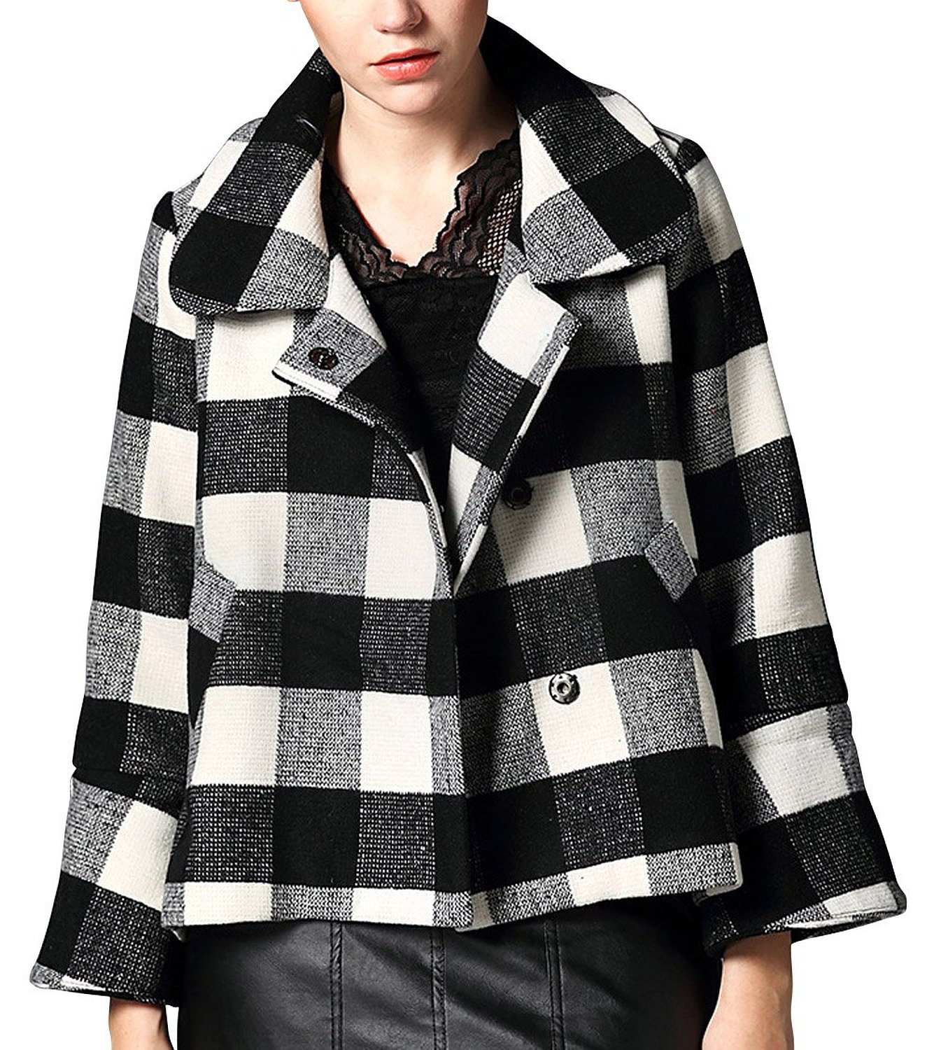 PAUROSA Women's Elegant Winter Keep Warm Short Loose Wool Plaid Coat Jacket