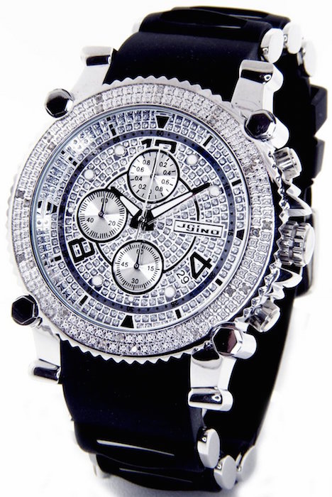 JOJINO Real Diamond Watch Chronograph Mens Silver Case Black Rubber Band MJ-1130