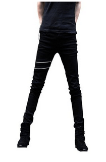Meilaier Mens Black Zipper Pencil Pants Slim Fashion Jeans for Men