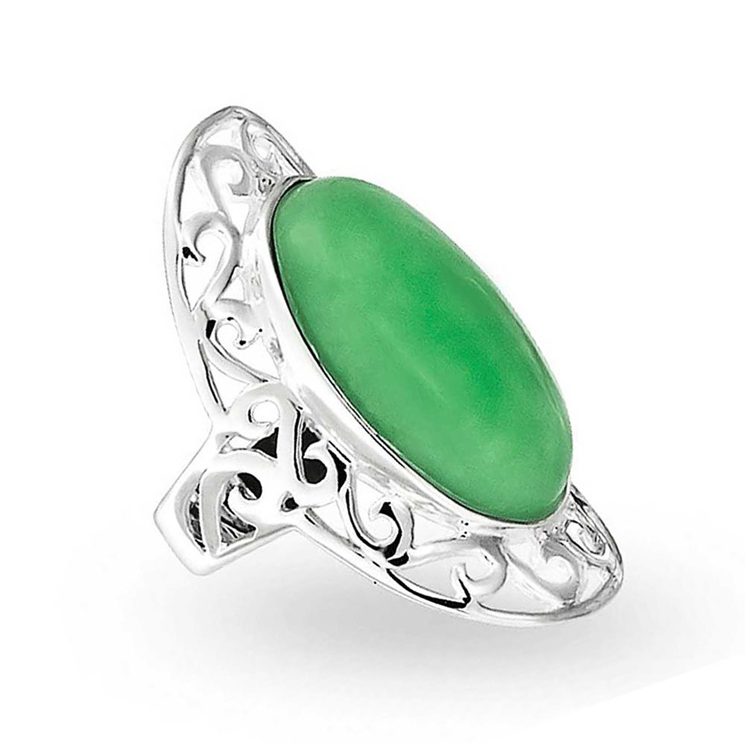 Bling Jewelry 925 Sterling Silver Gemstone Filigree Scroll Oval Green Simulated Jade Armor Ring