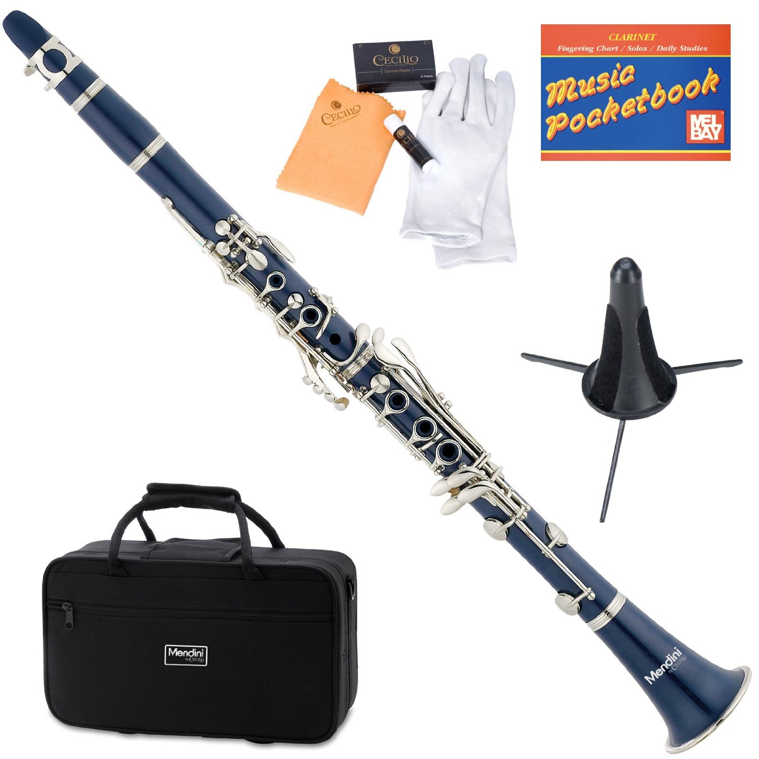 Mendini Mct-Bl+Sd+Pb Blue Abs B Flat Clarinet With Case, Stand, Pocketbook, Mouthpiece, 10 Reeds And More