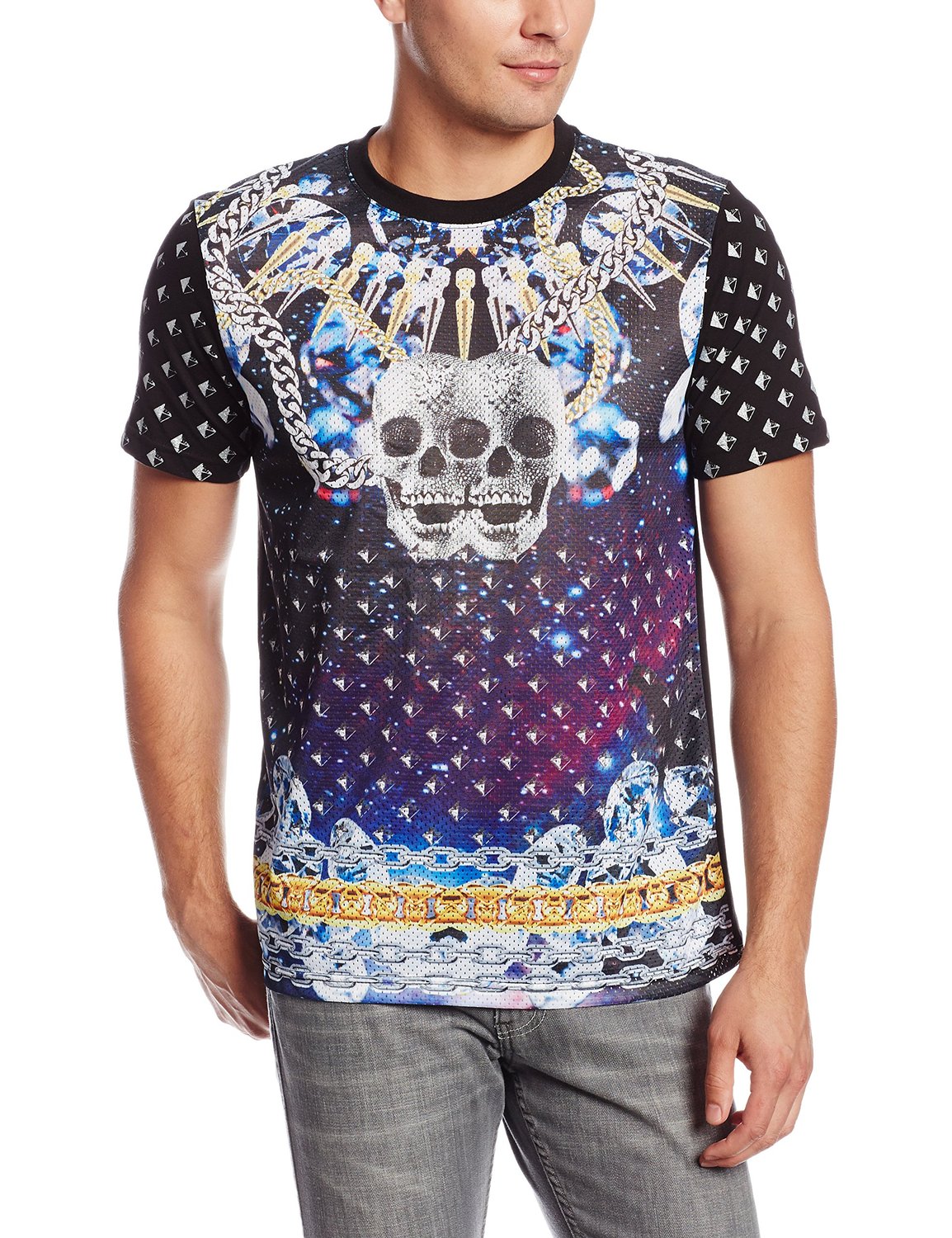 Southpole Men's Sublimation T-Shirt with Jewels Chains and Twin Skull Graphics