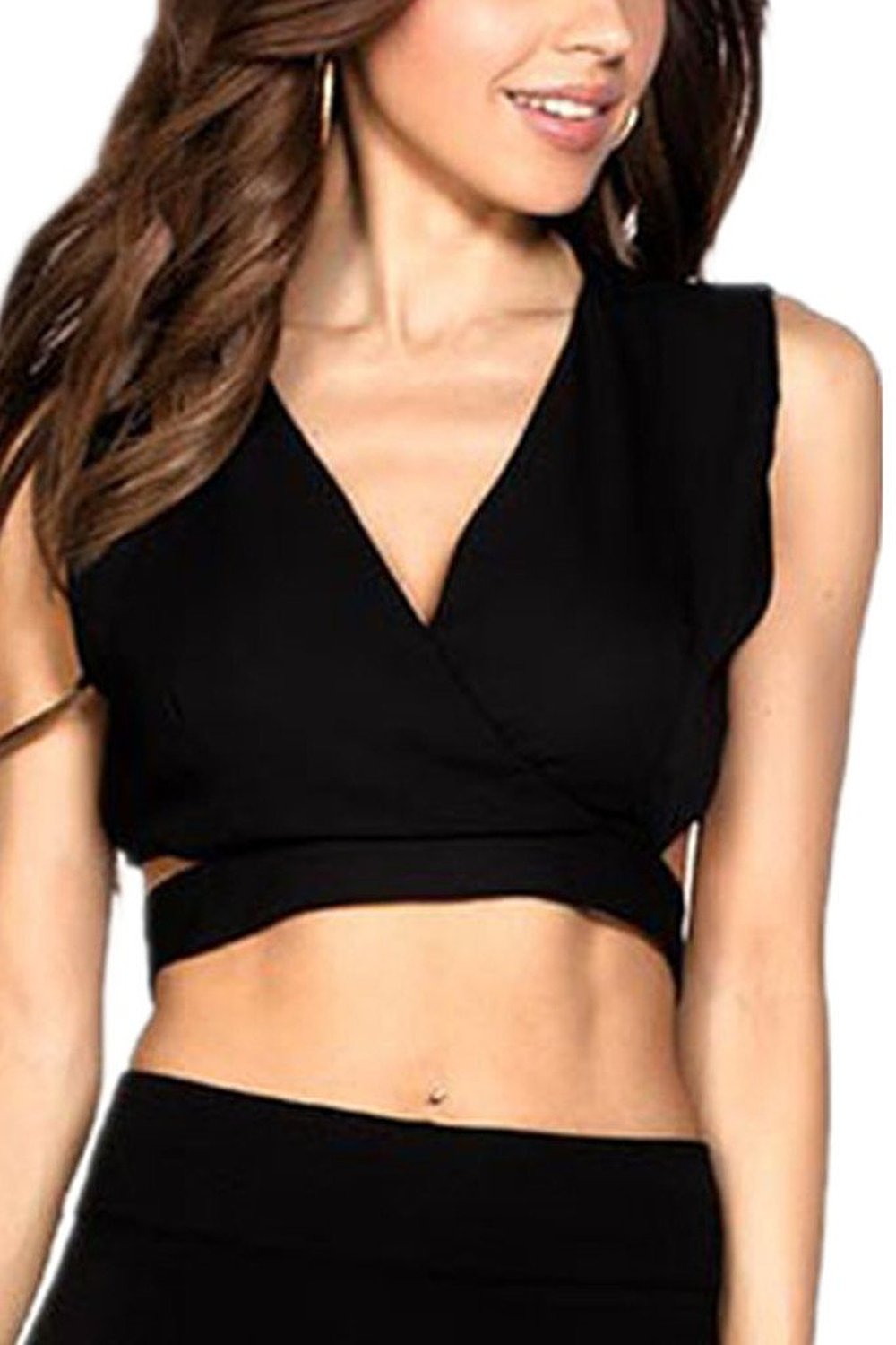 Sidefeel Women's Summer Fashion Midriffs Deep V with Back Tie Crop Top