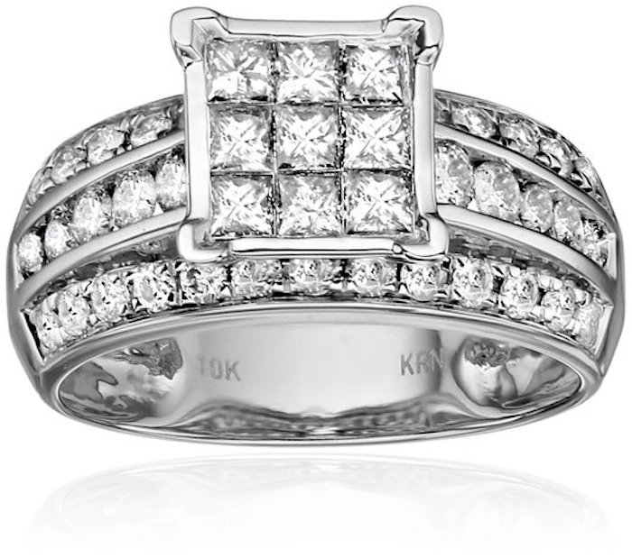 10k White Gold 9-Princess Center Diamond Engagement Ring (1 1/2 cttw, I-J Color, I2-I3 Clarity), Size 7