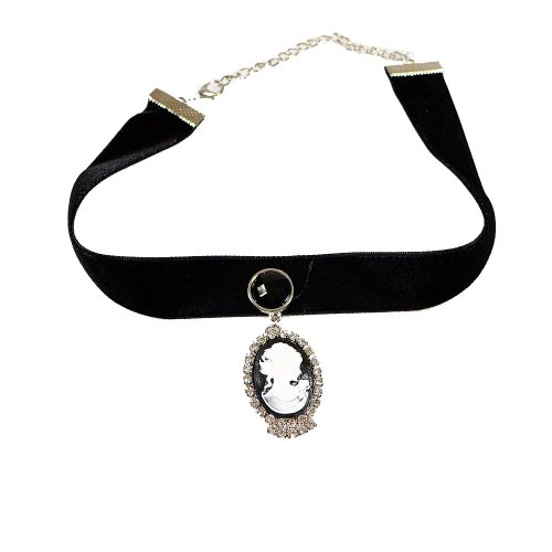 Yazilind Black Lace Victorian Cameo Lolita Length Collar Necklace