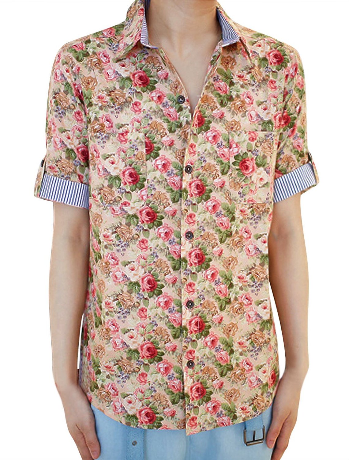 Allegra K Men's Floral Patten Point Collar Chest Pocket Button Up Shirt
