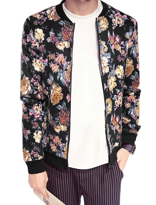 Men Stand Collar Long Sleeve Zip Up Ribbed Floral Prints Basic Jacket