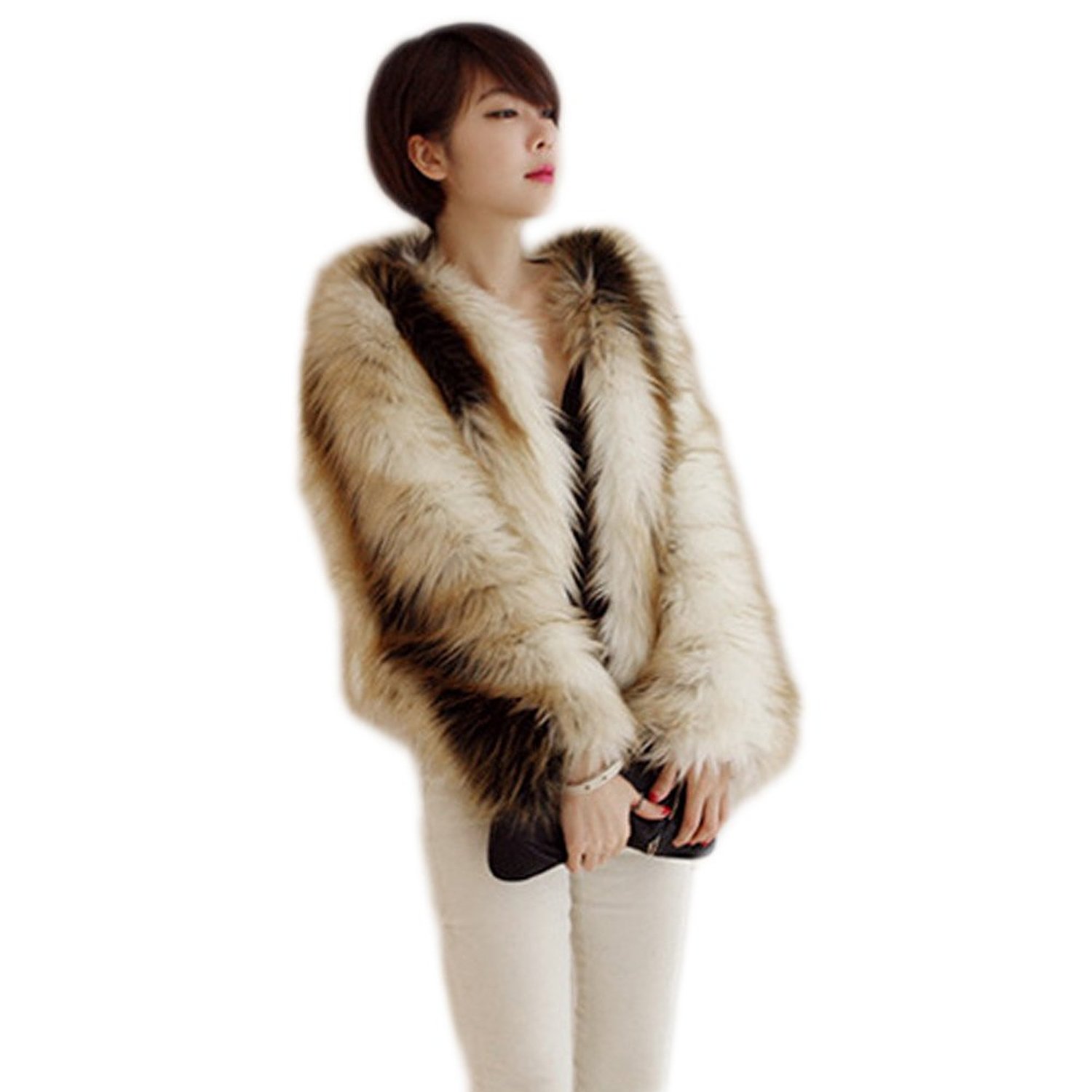 Etosell Women's Faux Fur Winter Warm Long Hair Overcoat Short Coat Gradient
