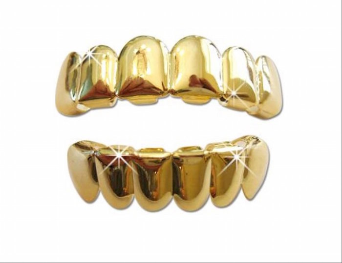 L & L Nation Hip Hop 14K Gold Plated Removeable Mouth Grillz Set (Top & Bottom) Player Style