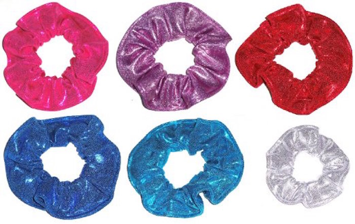 Metallic Spandex Fabric Hair Scrunchies Set of 6 Ponytail Holders Blue Pink Red Sterling Silver Teal handmade by Scrunchies by Sherry