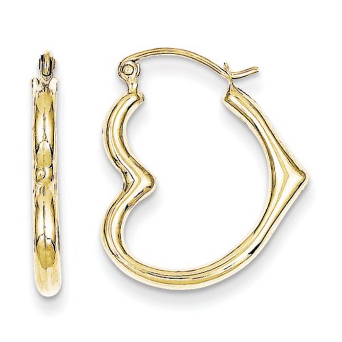 10K Yellow Gold Heart Shape 1.5mm x 20mm Hollow Hoop Earrings | Blingby