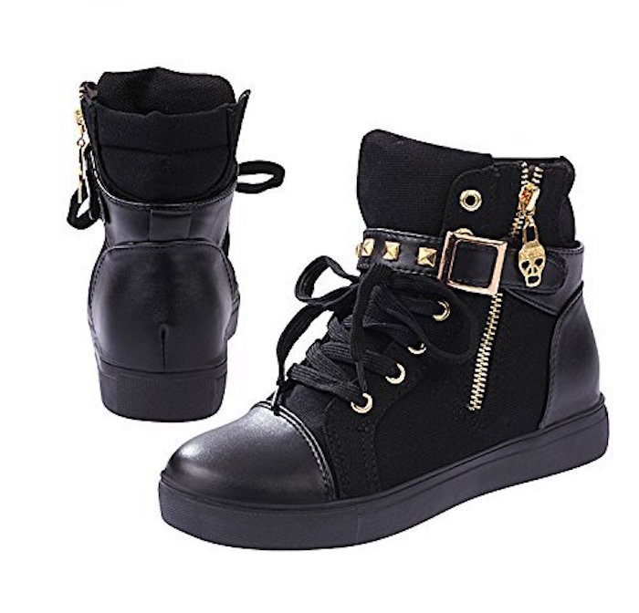 Kiwii Womens Fashion Comfortable Lace-up Mid Top Rubber Sole Buckle Zipper Skull Flats Boards Running Sports Canvas Shoes