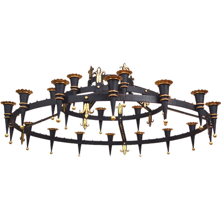A Very Large Round Iron Neo-Gothic Chandelier