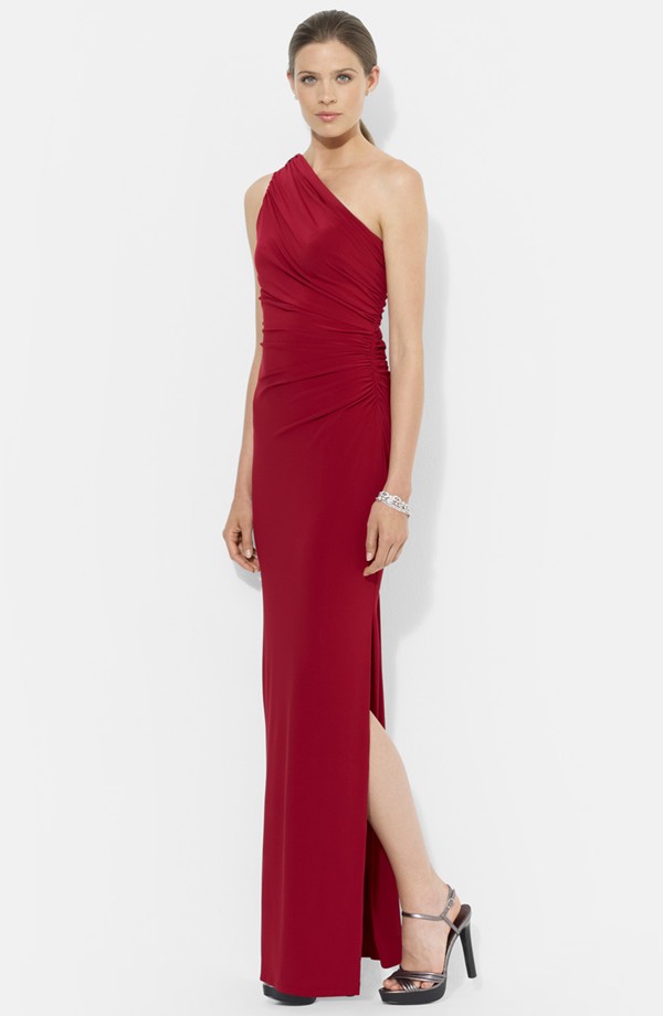 Lauren Ralph Lauren Embellished One Shoulder Jersey Column Gown