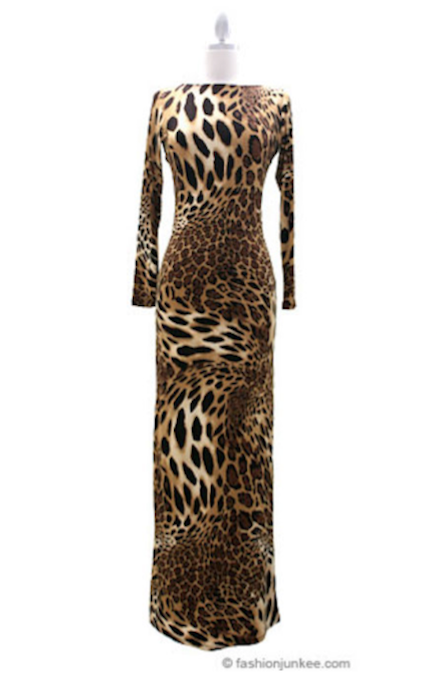 Full Length Long Sleeve Backless Evening Dress-Leopard Print | Blingby