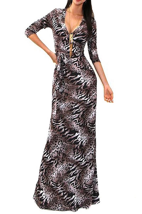 Leopard Animal Print Design V-neck Sexy Full Length Maxi Dress USA