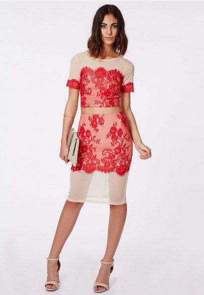 Missguided Red Lace Crop Top And Skirt