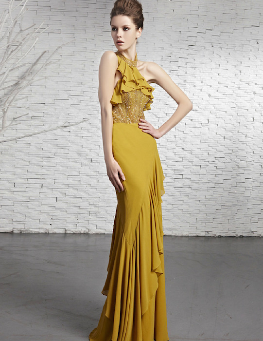 6012 Mustard Chiffon Hand Sewn Beads Asymmetrical Luxury Evening Dress
