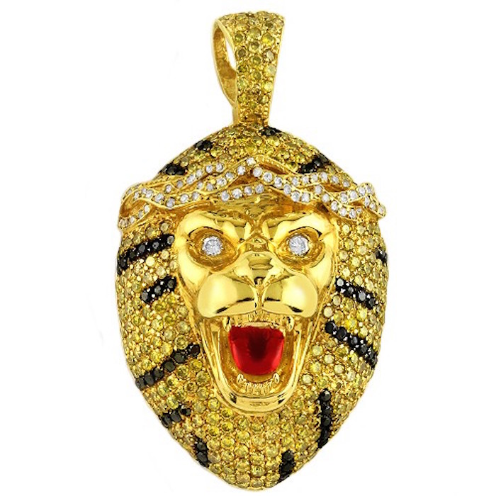 14K Solid Yellow Gold Mens Custom Design Diamond Tiger Pendant with White, Black and Yellow Diamonds