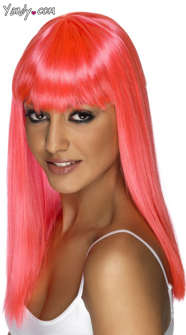 Neon Pink Long Glamor Wig With Bangs