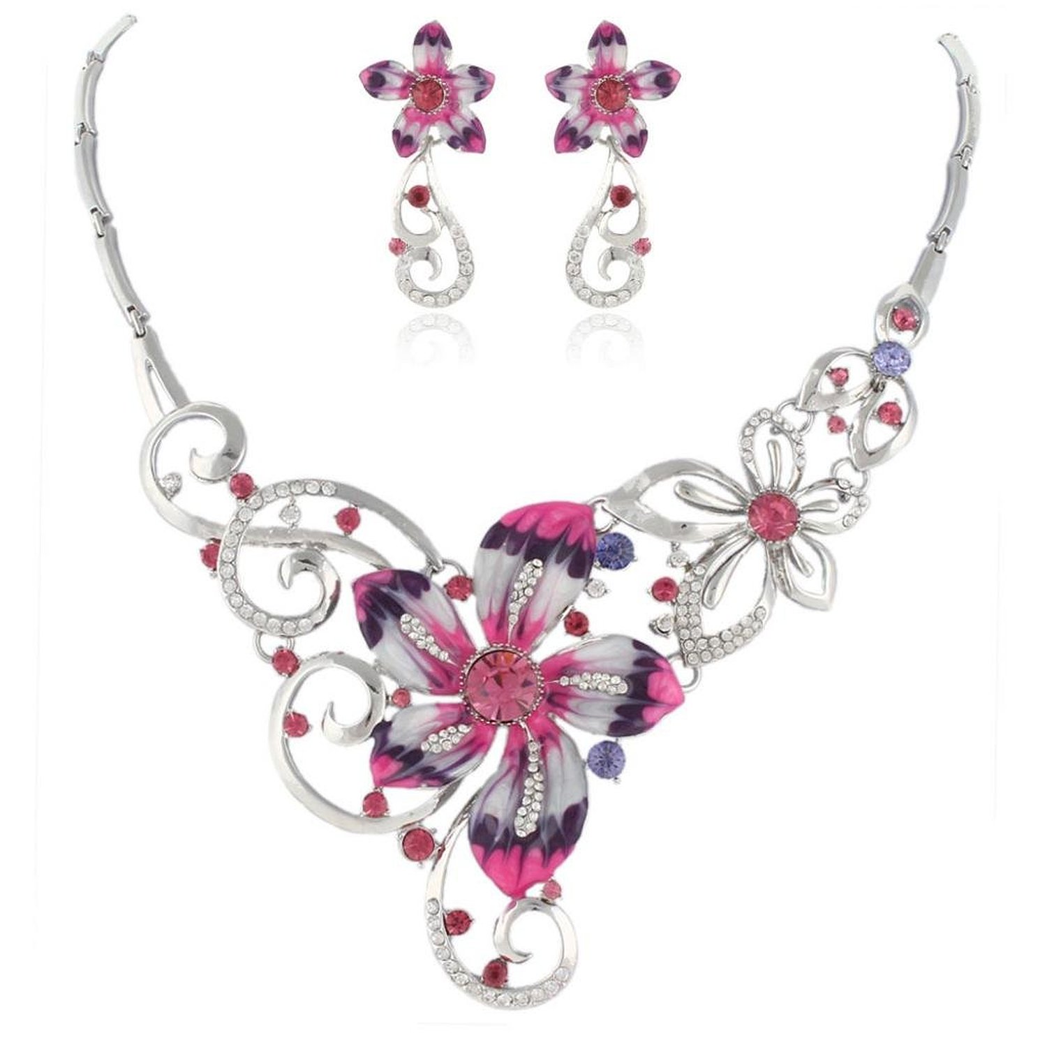 EVER FAITH Enamel Orchid Flower Necklace Earings Set Pink Austrian Crystal Silver-Tone N03498-3