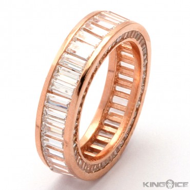 King Ice Rose Gold Baguette Cut Eternity .925 Sterling Silver Ring