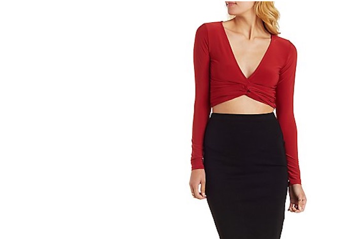 PLUNGING KNOTTED LONG SLEEVE CROP TOP