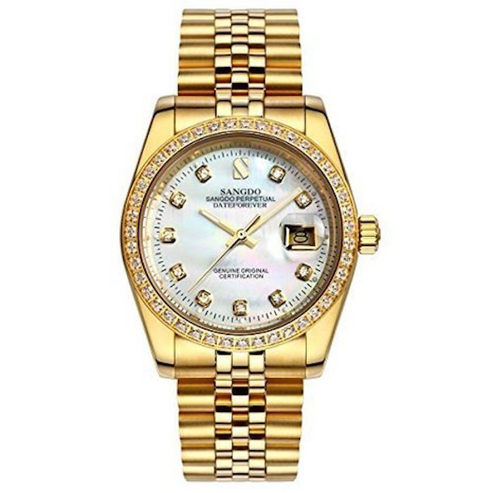 Topwatch® Sangdo Men Diamond-Accented Bezel White Shell Dial 18k Gold Band Automatic Mechanical Watch