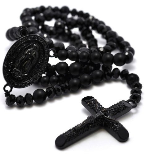 Black Rosary 8Mm Beads Crystal Pave Cross Hip Hop Chain Men Necklace 37\