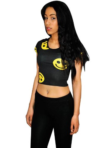 NEW WOMENS CROP TOP LADIES YELLOW & BLACK SMILEY FACE CAP SLEEVE CROP TOP TEE Casual Smiley Face