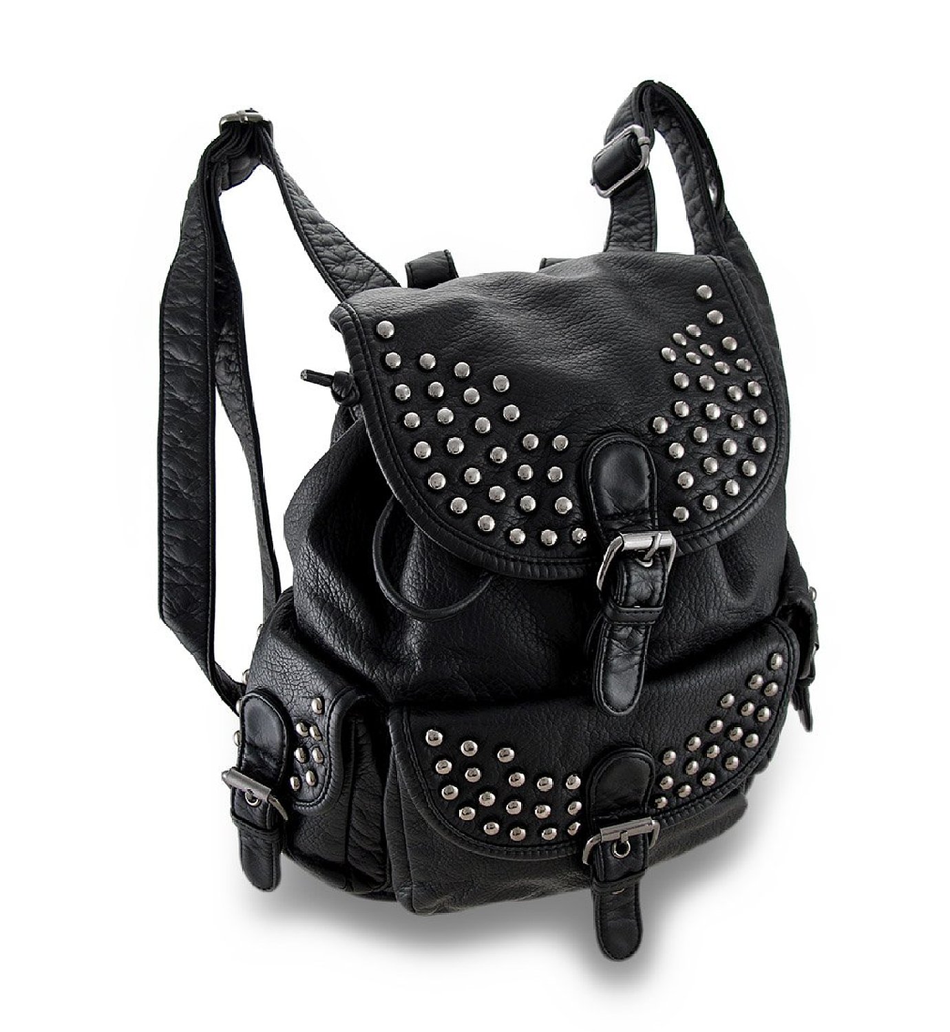 Soft Leather Studded Drawstring Backpack W/Faux Buckle Accents
