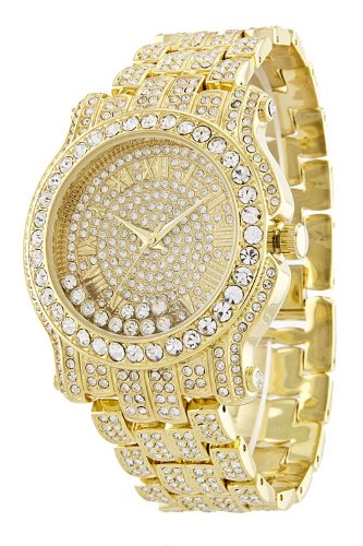 Totally Iced Out Pave Floating Crystal Gold Tone Hip Hop Men's Bling Bling Watch