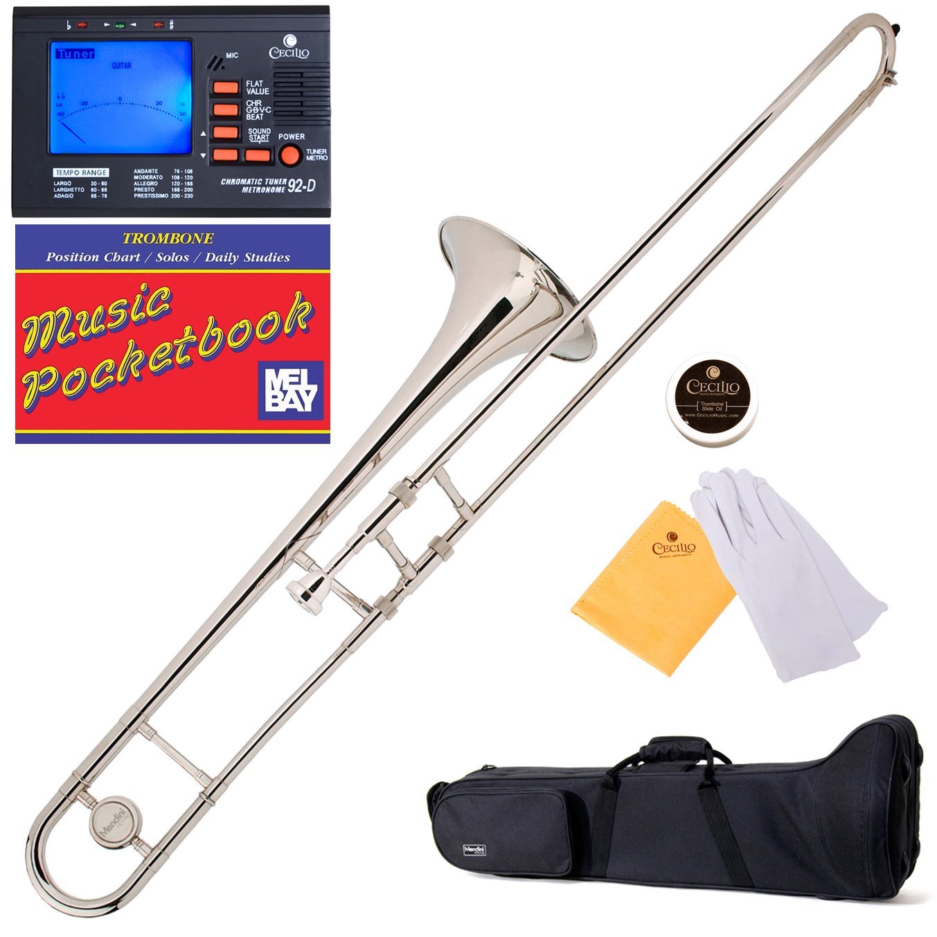 Mendini B-Flat Slide Trombone, Nickel Plated And Tuner, Case, Pocketbook - Mtb-N+92D+Pb