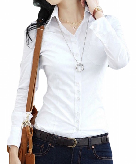Halife Women's Lapel Collar White Button Down Shirt Long Sleeve