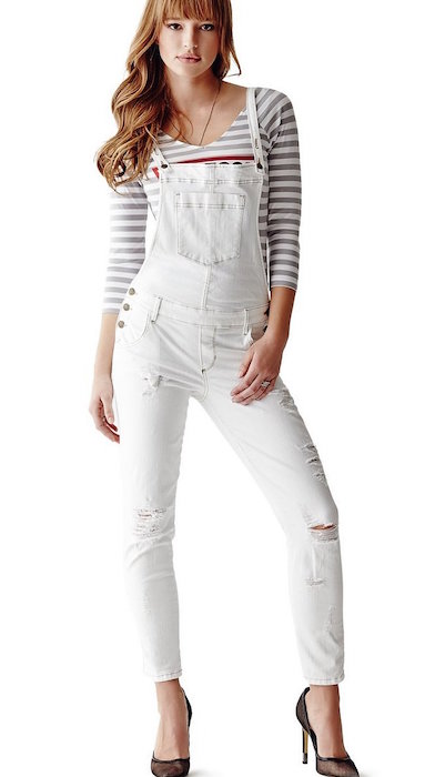 GUESS Women's Carlie Slim-Fit Overalls in True White Destroy Wash