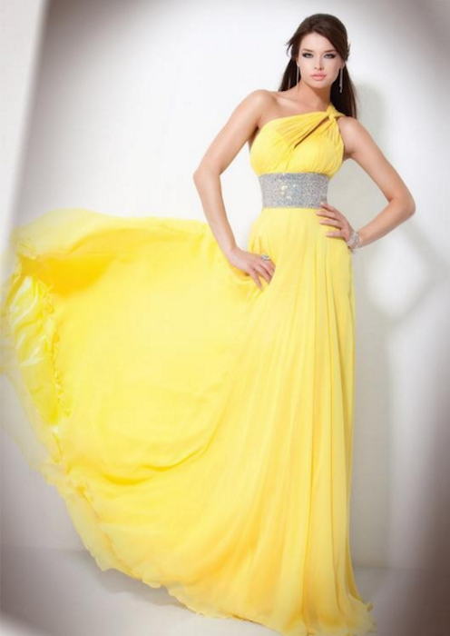 Long Yellow Prom Dress 2015 In Stock One Shoulder Chiffon Sashes Beaded Backless Long Party Gowns Elegant Formal Evening Dresses
