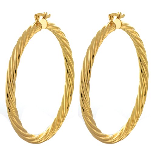 2 Inch Large Twisted Hoop Yellow Gold Plated Earrings Notched Back
