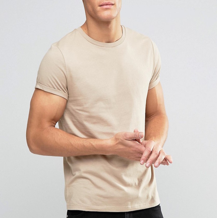 ASOS T-Shirt With Crew Neck And Roll Sleeve In Beige