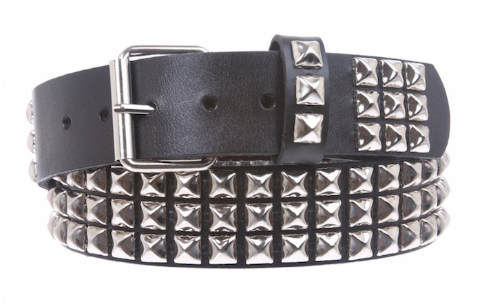 Snap On Three Row Punk Rock Star Metal Silver Studded Full Grain Leather Belt