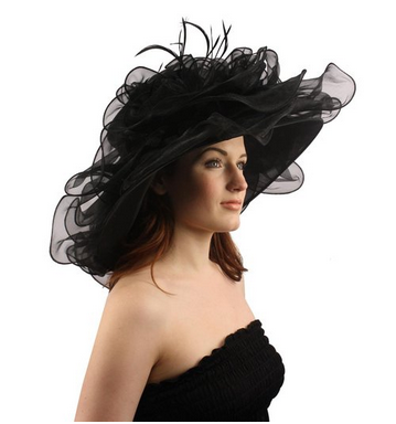 Kentucky Derby Floppy Ruffle Layered Jewel Feather Organza Dress Bride Hat Black